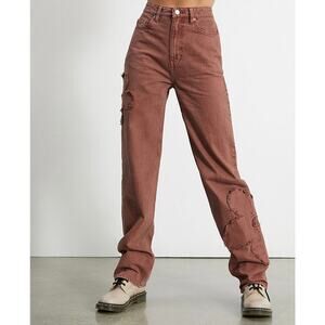 Pacsun '90s Boyfriend Jeans Brown Flower Patch 3D Textured Women's size 27 NWOT